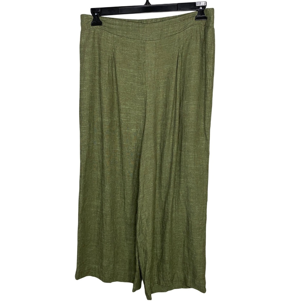 Ella Moss Womens Olive Green Linen Blend Wide Leg Pleated Crop Pants Large